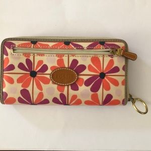 Fossil Vinyl Zip Around Wallet Floral Flower Retro
